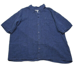 Flax Mens Linen Shirt Size Medium Button Front Short Sleeve Blue Collared